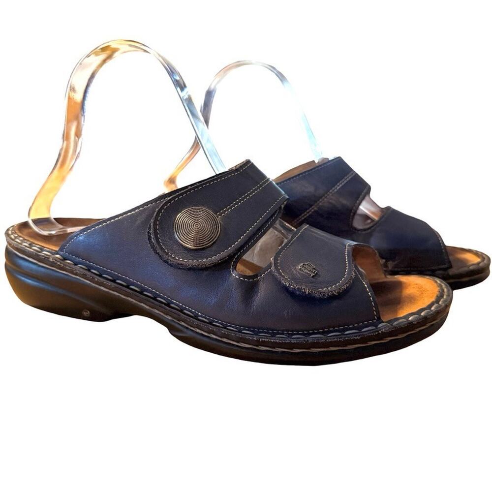 Finn Comfort Womens Navy Blue Leather 2 Strap Slides Sandals Shoes sz 40 9 / 9.5